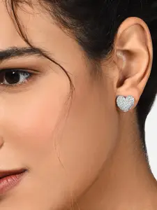 AMI White Silver-Plated Cubic Zirconia Studded Heart Shaped Studs