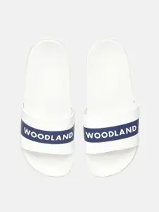 Woodland Men White & Navy Blue Brand Logo Print Sliders