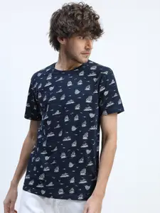 HIGHLANDER Men Navy Blue Printed Round Neck Slim Fit T-shirt