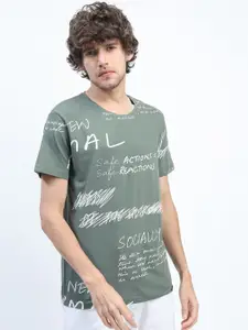 LOCOMOTIVE Men Olive Green Typography Printed Raw Edge Slim Fit T-shirt