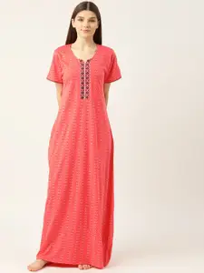 Sweet Dreams Women Coral Red & Black Pure Cotton Printed Maxi Nightdress