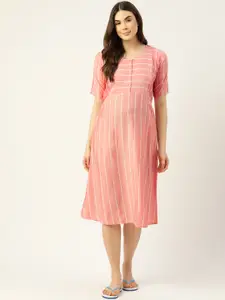 Sweet Dreams Women Peach-Coloured Striped Maternity Nightdress
