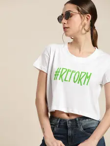 Moda Rapido Women White & Green Typography Printed Pure Cotton T-shirt