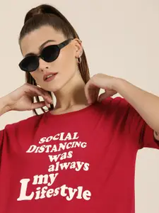 Moda Rapido Women Red & White Typography Printed Drop-Shoulder Sleeves T-shirt
