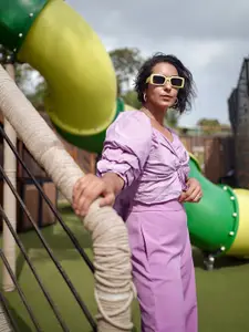 Tokyo Talkies Purple Sweetheart Neck Pure Cotton Twist Crop Top