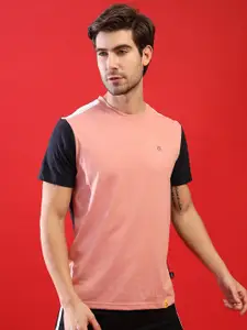 Campus Sutra Men Pink Colourblocked Mandarin Collar Pockets Outdoor T-shirt