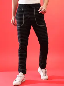 Campus Sutra Men Charcoal Black & Grey Striped Cotton Joggers