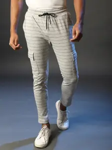 Campus Sutra Men Grey & Black Striped Cotton Track Pants