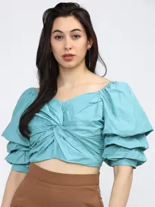 Tokyo Talkies Teal Sweetheart Neck Pure Cotton Twist Crop Top