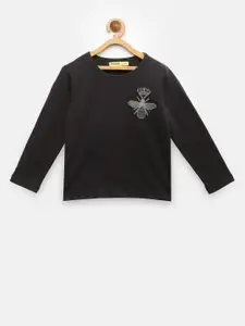 NYNSH Girls Black Cotton T-shirt with Embroidered Detail