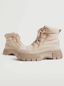MANGO Women Beige Solid Mid-Top Flatform Chunky Boots