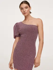 MANGO One Shoulder Shiny Textured Bodycon Mini Dress