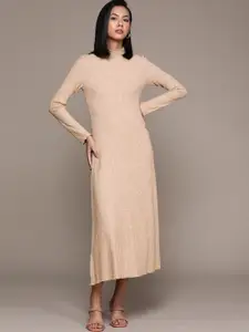 MANGO Beige High-Neck Ribbed Knitted Sweater Midi Dress
