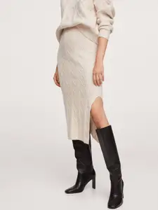 MANGO Off-White Self-Design Straight Midi Skirt