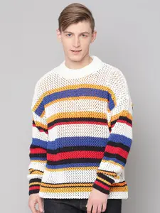 GANT Men Cream-Coloured & Yellow Striped Cotton Pullover