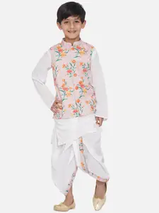Little Bansi Boys Off-White & Pink Kurta with Dhoti Pants & Nehru Jacket