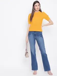 Uptownie Lite Women Yellow Puff Sleeves Stretchable High Neck Top