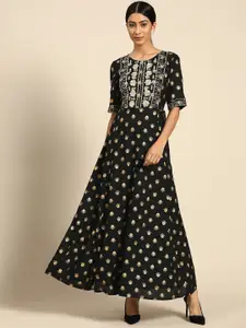 all about you Black & Gold-Toned Floral Ethnic A-Line Maxi Dress