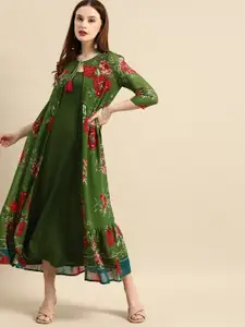 all about you Women Green & Red Floral Printed Layered Kurta