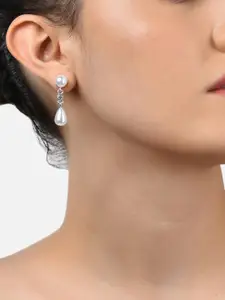 AMI Silver-Toned & White Contemporary Drop Earrings