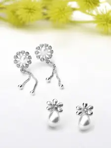 AMI Set of 2 Silver-Toned & White Floral Studs
