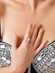 AMI Silver-Plated White CZ-Studded Adjustable Finger Ring