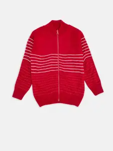 Pantaloons Junior Boys Red & White Striped Pure Acrylic Front-Open Sweater