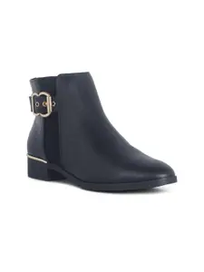 London Rag Women Black Solid Casual Mid-Top Block Heeled Boots with Buckles