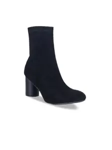London Rag Women Black Suede Warmer Ankle Block Heeled Boots