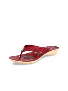 PUNOVEX Women Red & White Printed Casual Thong Style Open Toe Flats with Embellishment