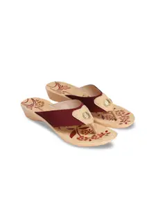 PUNOVEX Maroon & Cream-Coloured Printed Wedge Sandals