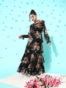 QUIERO Women Stylish Black Floral Tiered Dress