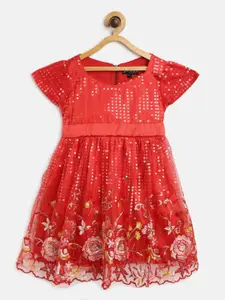 Bella Moda Red & Pink Floral Embroidered Sequined A-Line Dress