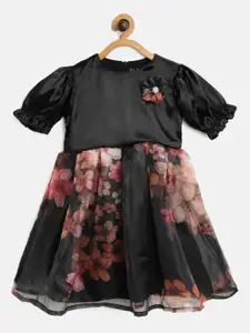 Bella Moda Black & Pink Floral Print Puff Sleeves Dress