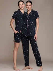 beebelle Women Navy Blue & Pink Star Printed 3-Pieces Pure Cotton Night suit