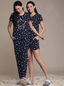 beebelle Women Navy Blue & White 3 Piece Printed Night suit