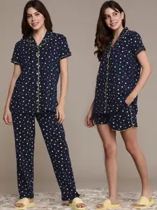 beebelle Women Navy Blue & White Pure Cotton 3 Piece Printed Night suit