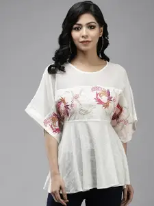 Ishin Women White Floral Embroidered Cotton Empire Top
