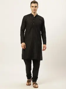Jompers Men Black Chikankari Embroidered Pure Cotton Kurta with Churidar
