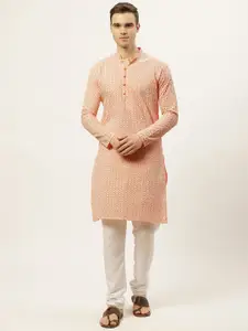 Jompers Men Peach-Coloured Chikankari Embroidered Pure Cotton Kurta with Churidar