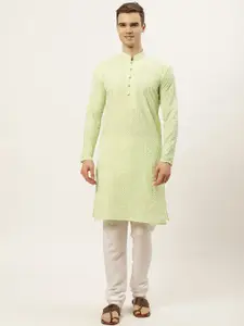 Jompers Men Lime Green Chikankari Embroidered Pure Cotton Kurta with Churidar
