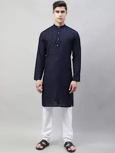 Jompers Men Navy Blue Embroidered Chikankari Pure Cotton Kurta with Churidar