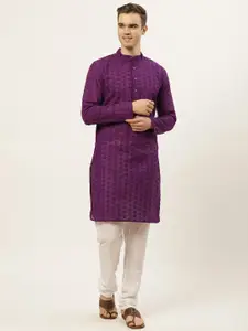 Jompers Men Purple & White Chikankari Embroidered Pure Cotton Kurta with Churidar