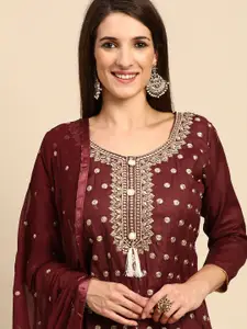 Shaily Maroon & Golden Zari Embroidered Unstitched Dress Material