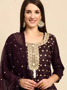 Shaily Wine-Coloured & Golden Zari Embroidered Unstitched Dress Material