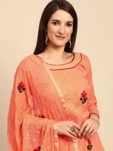 Shaily Peach-Coloured & Red Embroidered Unstitched Dress Material