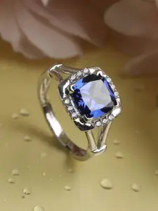 Clara Silver-Toned & Blue Cubic Zirconia Studded Adjustable Finger Ring