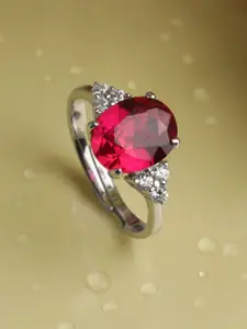 Clara Red & Silver-Toned Cubic Zirconia Studded Adjustable Finger Ring
