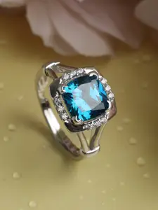 Clara Silver-Toned & Turquoise Blue Cubic Zirconia Studded Adjustable Finger Ring