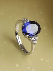 Clara Silver-Toned & Blue Cubic Zirconia Adjustable Finger Ring
